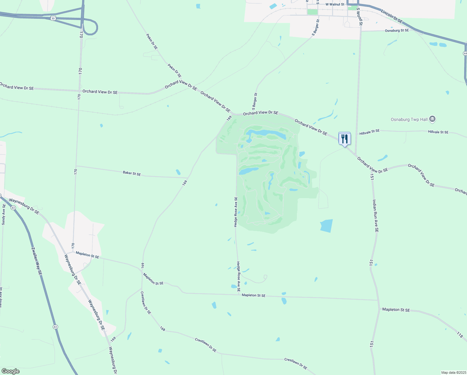map of restaurants, bars, coffee shops, grocery stores, and more near 2555 Hedge Rose Avenue Southeast in East Canton