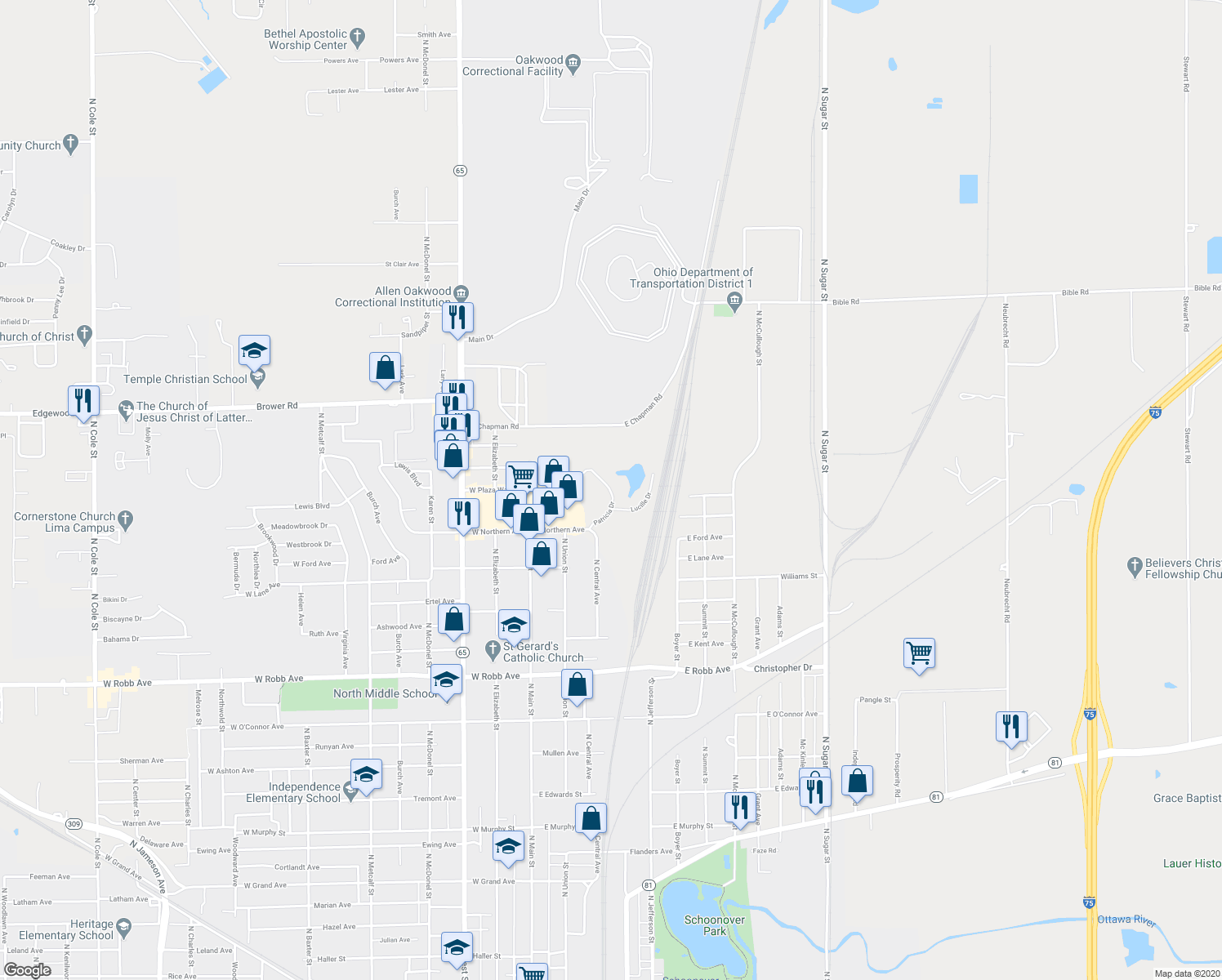 map of restaurants, bars, coffee shops, grocery stores, and more near 1741 Lucille Drive in Lima