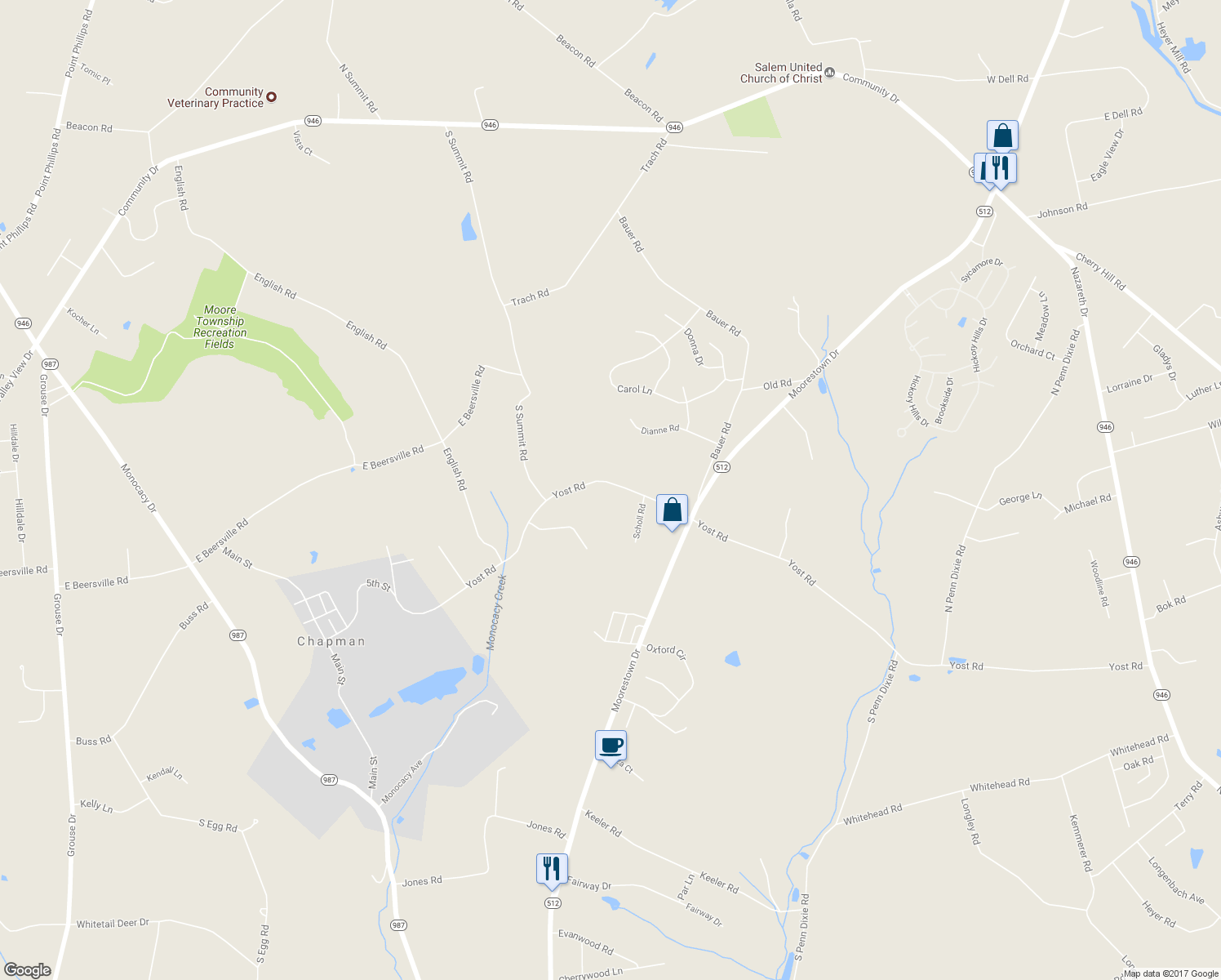 map of restaurants, bars, coffee shops, grocery stores, and more near 2407 Yost Road in Bath