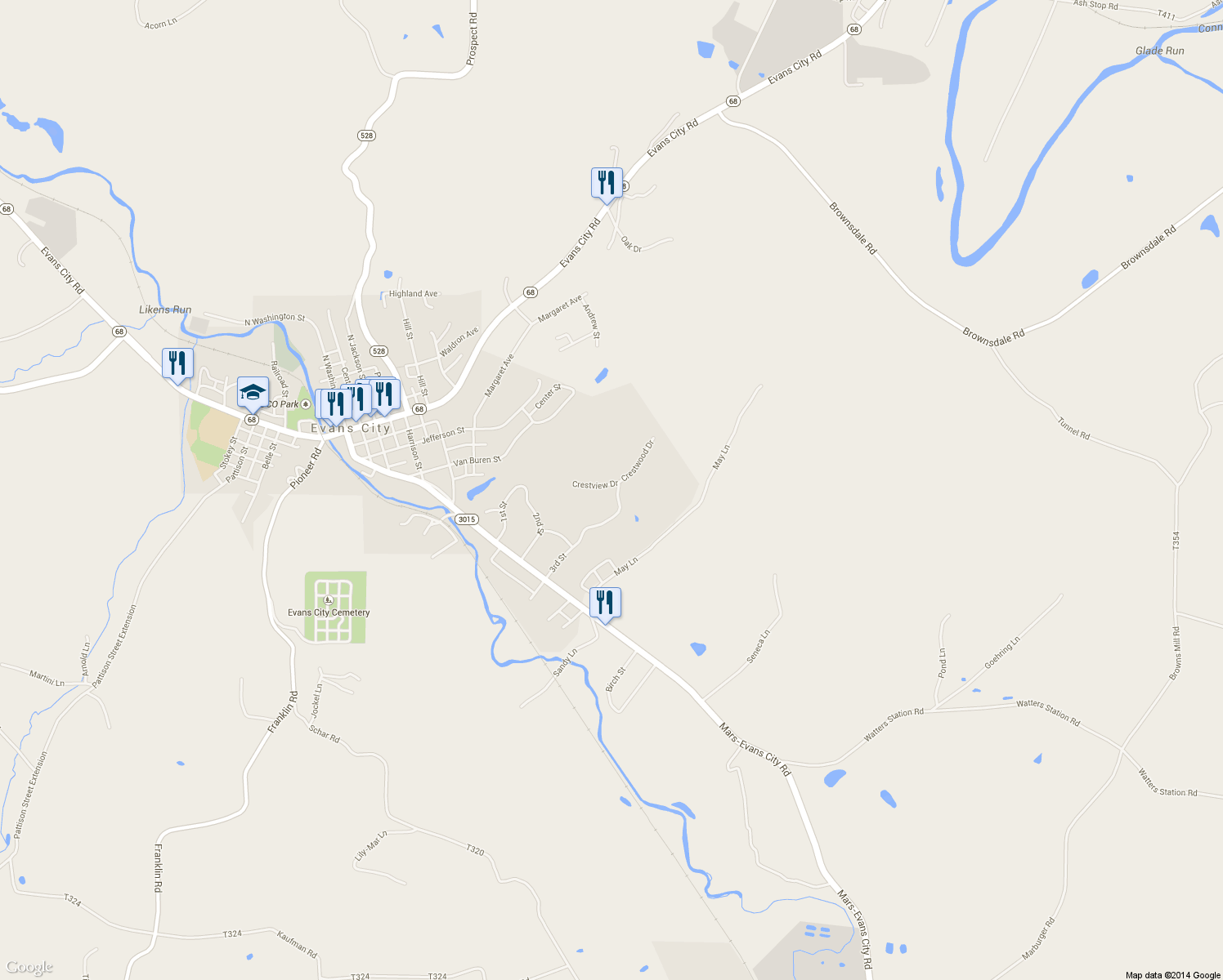 map of restaurants, bars, coffee shops, grocery stores, and more near 101 Crestview Drive in Evans City