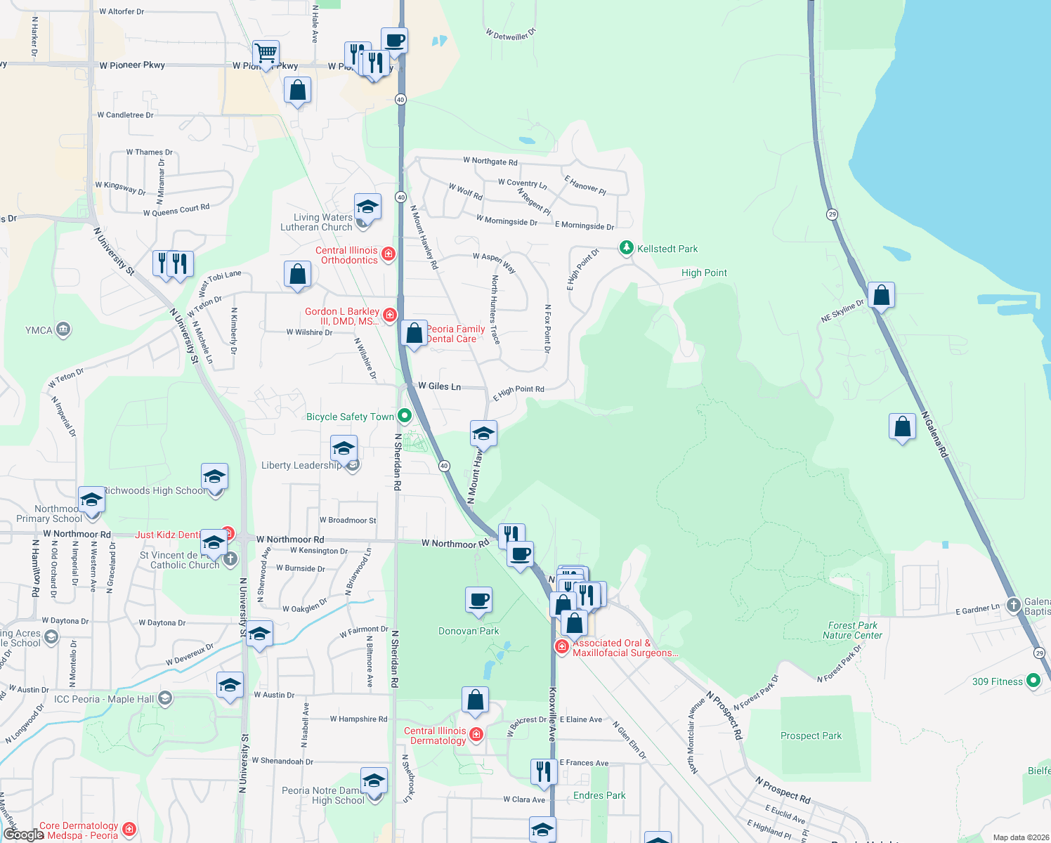 map of restaurants, bars, coffee shops, grocery stores, and more near 136 E Southgate Rd in Peoria