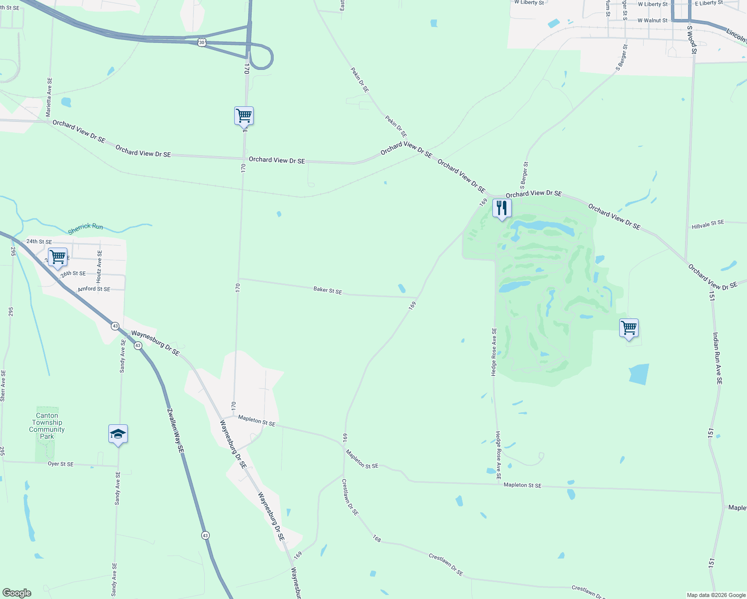 map of restaurants, bars, coffee shops, grocery stores, and more near 5080 Baker Street Southeast in East Canton