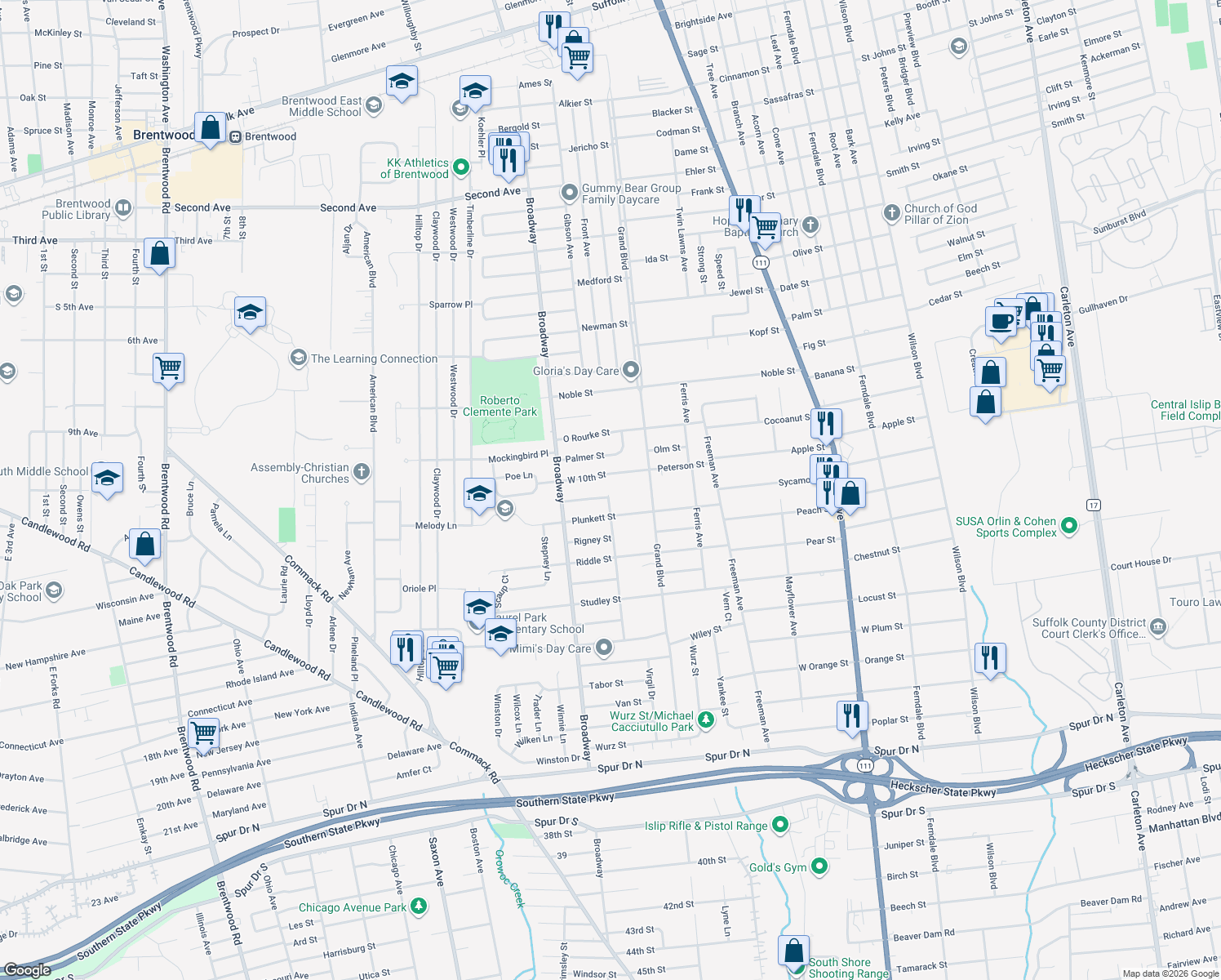 map of restaurants, bars, coffee shops, grocery stores, and more near 127 Radcliff Drive in Brentwood