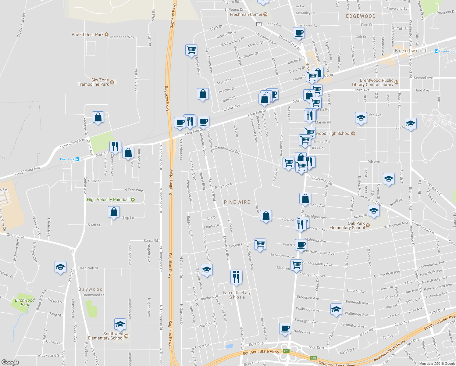 map of restaurants, bars, coffee shops, grocery stores, and more near 5 Cardinal Court North in Bay Shore