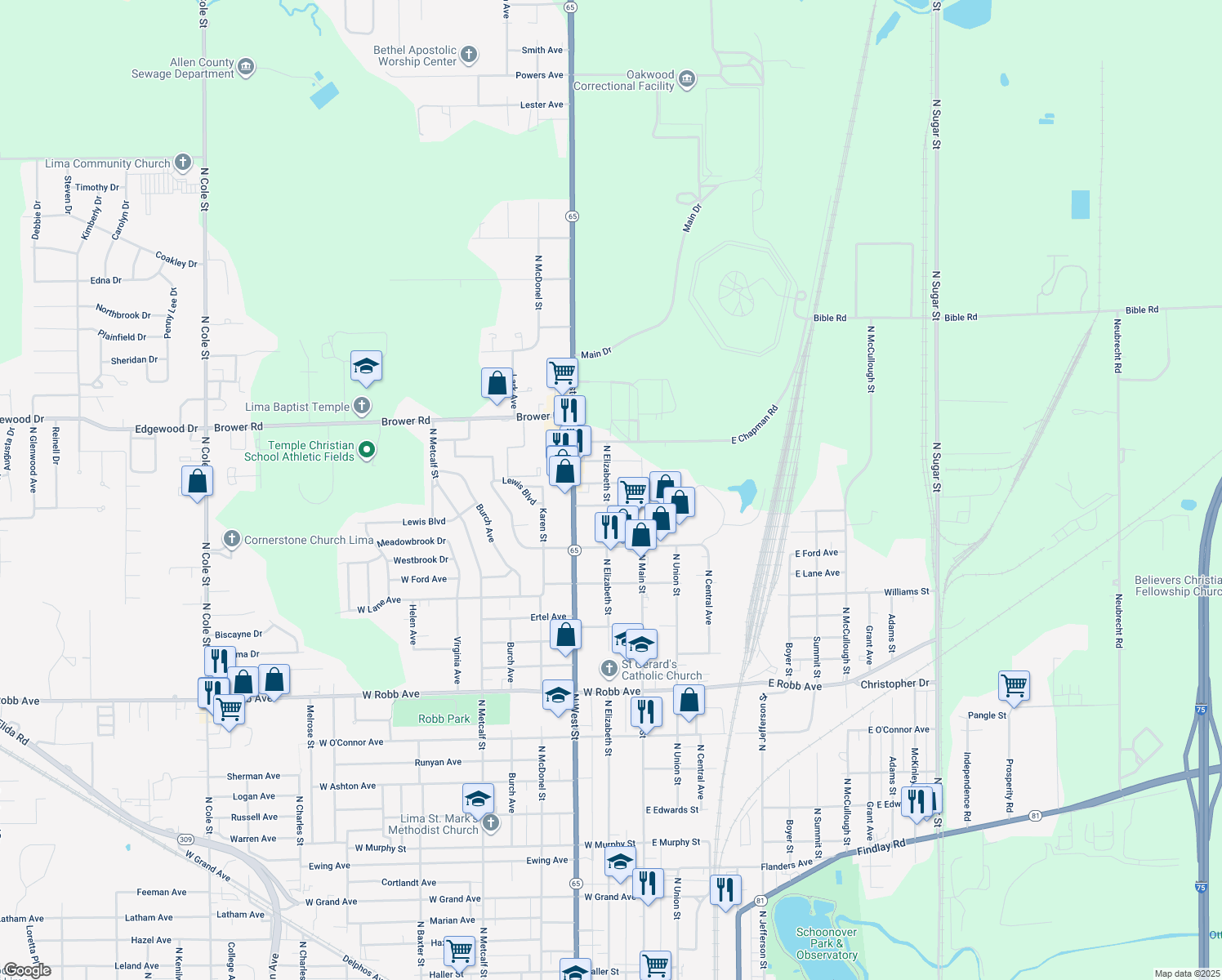 map of restaurants, bars, coffee shops, grocery stores, and more near 197 North Watt Avenue in Lima