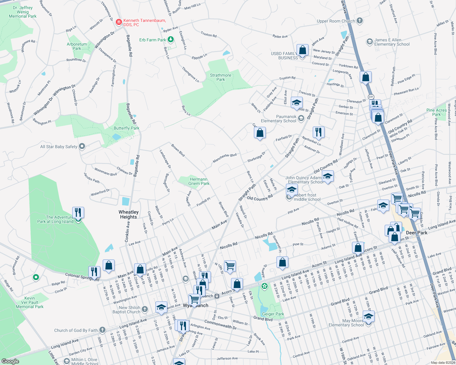map of restaurants, bars, coffee shops, grocery stores, and more near 14 Yorkshire Drive in Wheatley Heights
