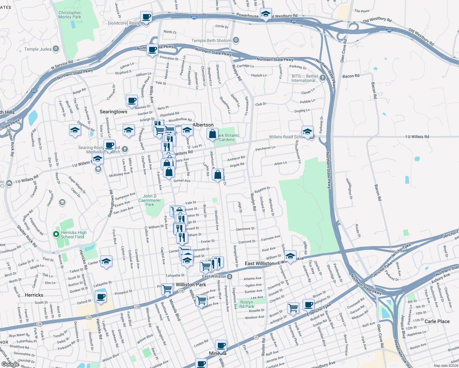 map of restaurants, bars, coffee shops, grocery stores, and more near 97 Croyden Ct in Albertson