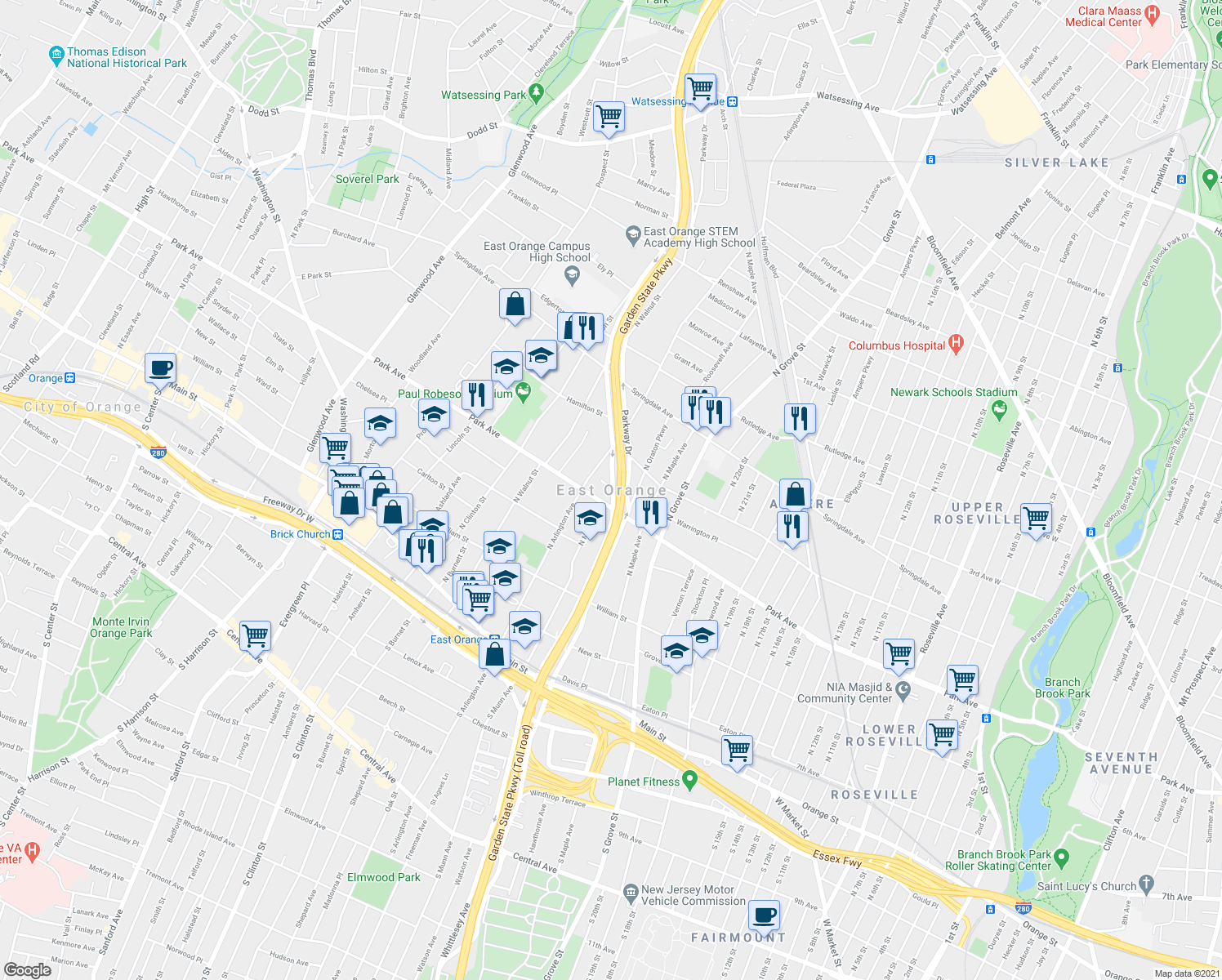 map of restaurants, bars, coffee shops, grocery stores, and more near in East Orange