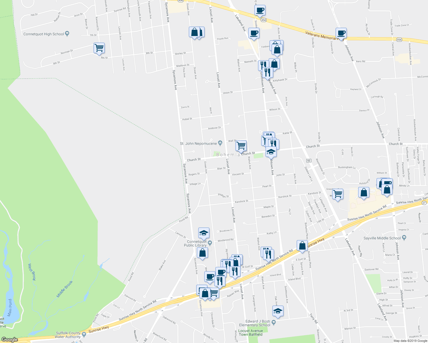 map of restaurants, bars, coffee shops, grocery stores, and more near 816 Blair Street in Bohemia
