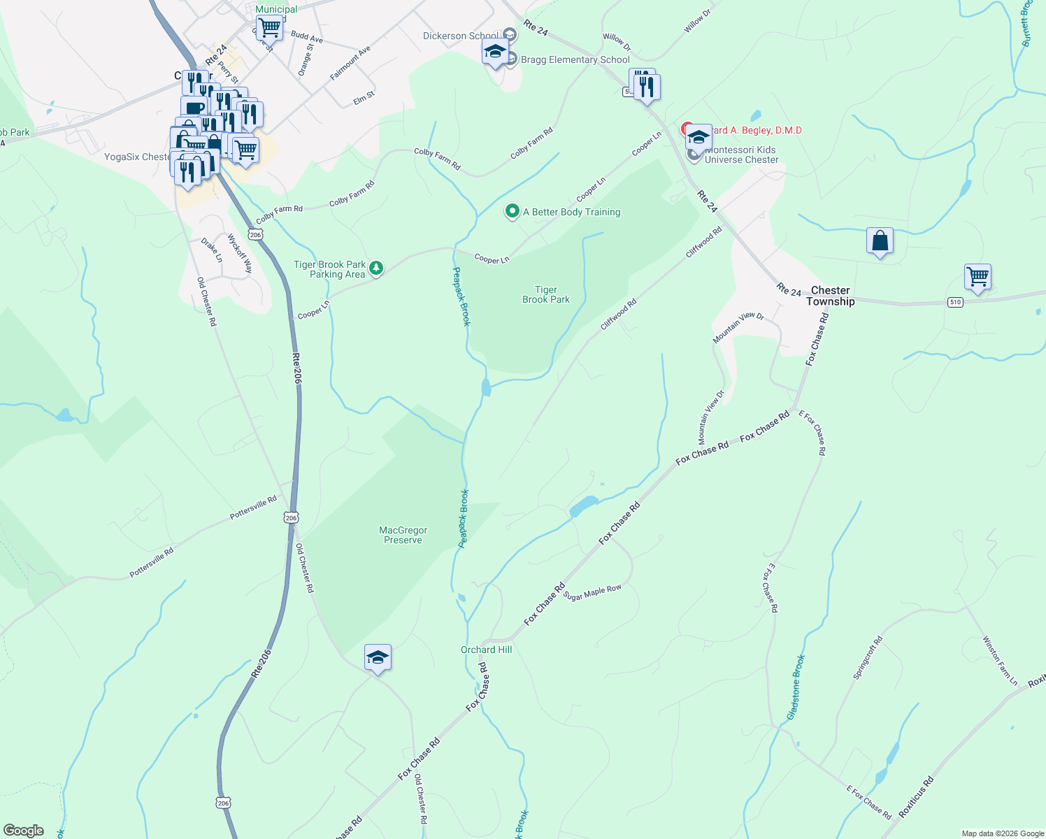 map of restaurants, bars, coffee shops, grocery stores, and more near 54 Cliffwood Road in Chester