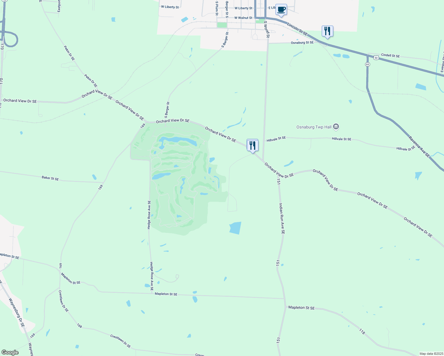 map of restaurants, bars, coffee shops, grocery stores, and more near 6340 Orchardview Drive Southeast in East Canton