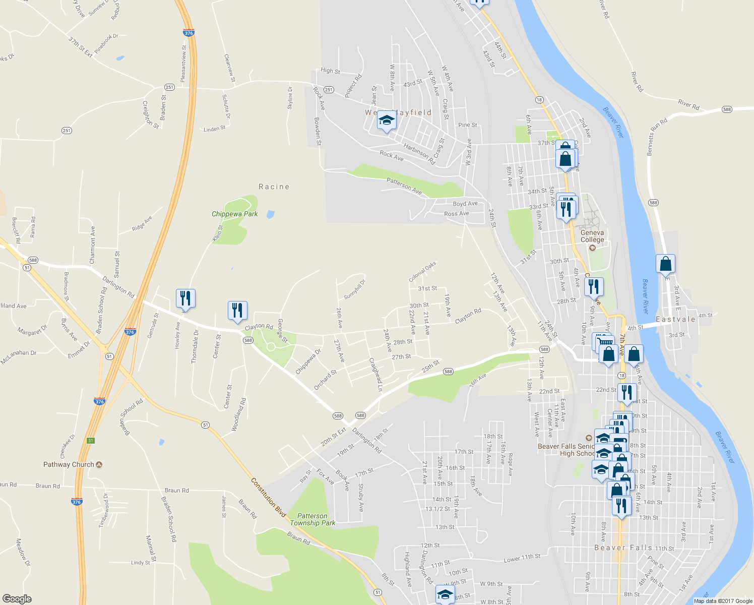 map of restaurants, bars, coffee shops, grocery stores, and more near 3001 24th Avenue in Beaver Falls