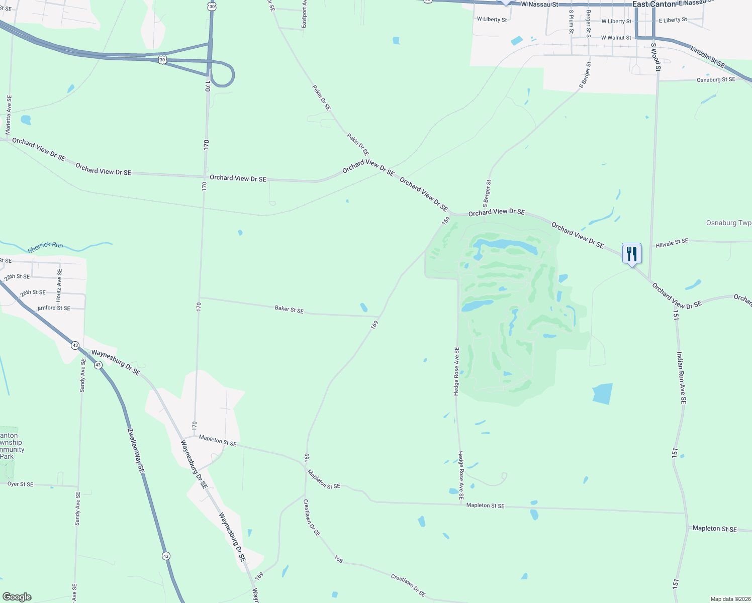 map of restaurants, bars, coffee shops, grocery stores, and more near 2409 Argyle Road Southeast in East Canton
