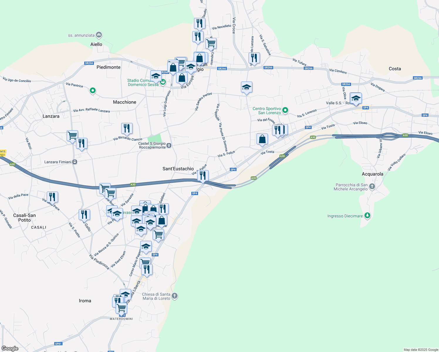 map of restaurants, bars, coffee shops, grocery stores, and more near 124 Corso Francesco Caracciolo in Piazza del Galdo-sant'angelo