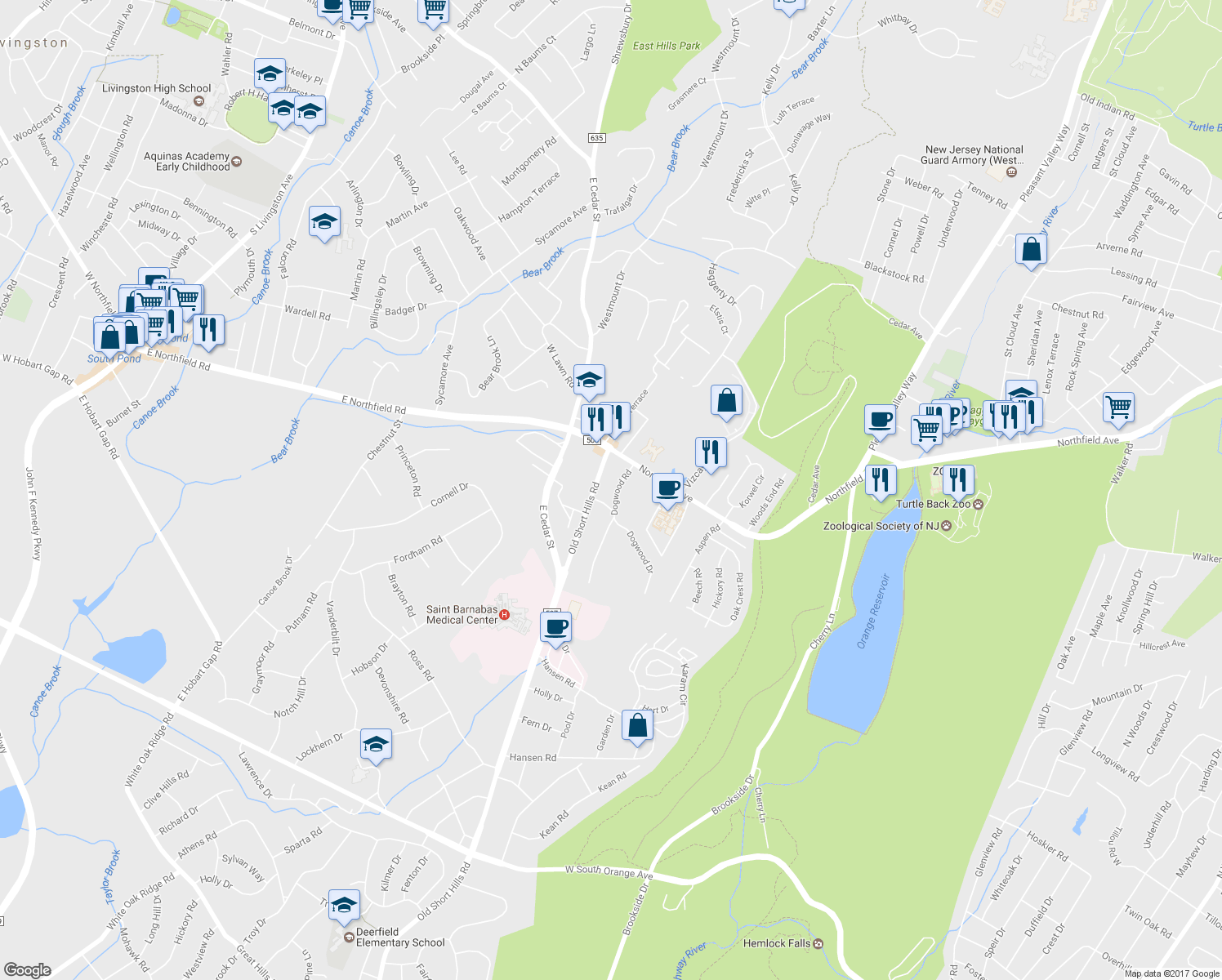 map of restaurants, bars, coffee shops, grocery stores, and more near 17 Dogwood Road in West Orange