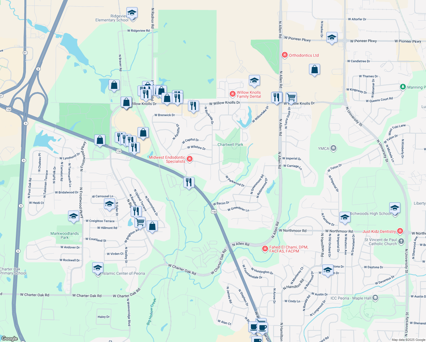 map of restaurants, bars, coffee shops, grocery stores, and more near 6638 N Rustic Oak Ct in Peoria