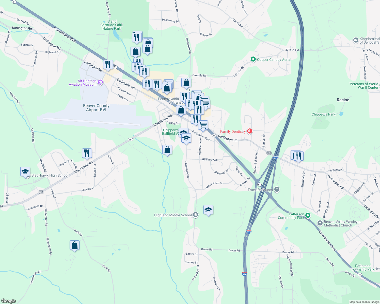 map of restaurants, bars, coffee shops, grocery stores, and more near 616 Shenango Rd in Beaver Falls