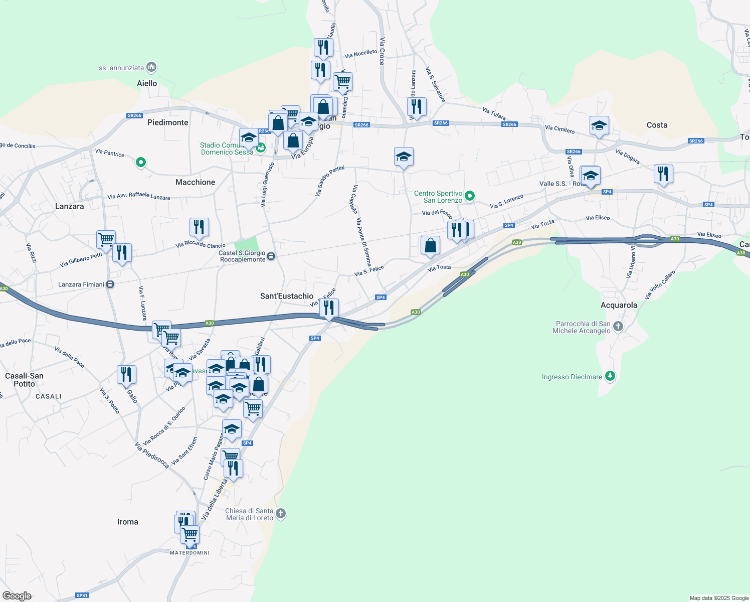 map of restaurants, bars, coffee shops, grocery stores, and more near 107 Corso Francesco Caracciolo in Piazza del Galdo-sant'angelo