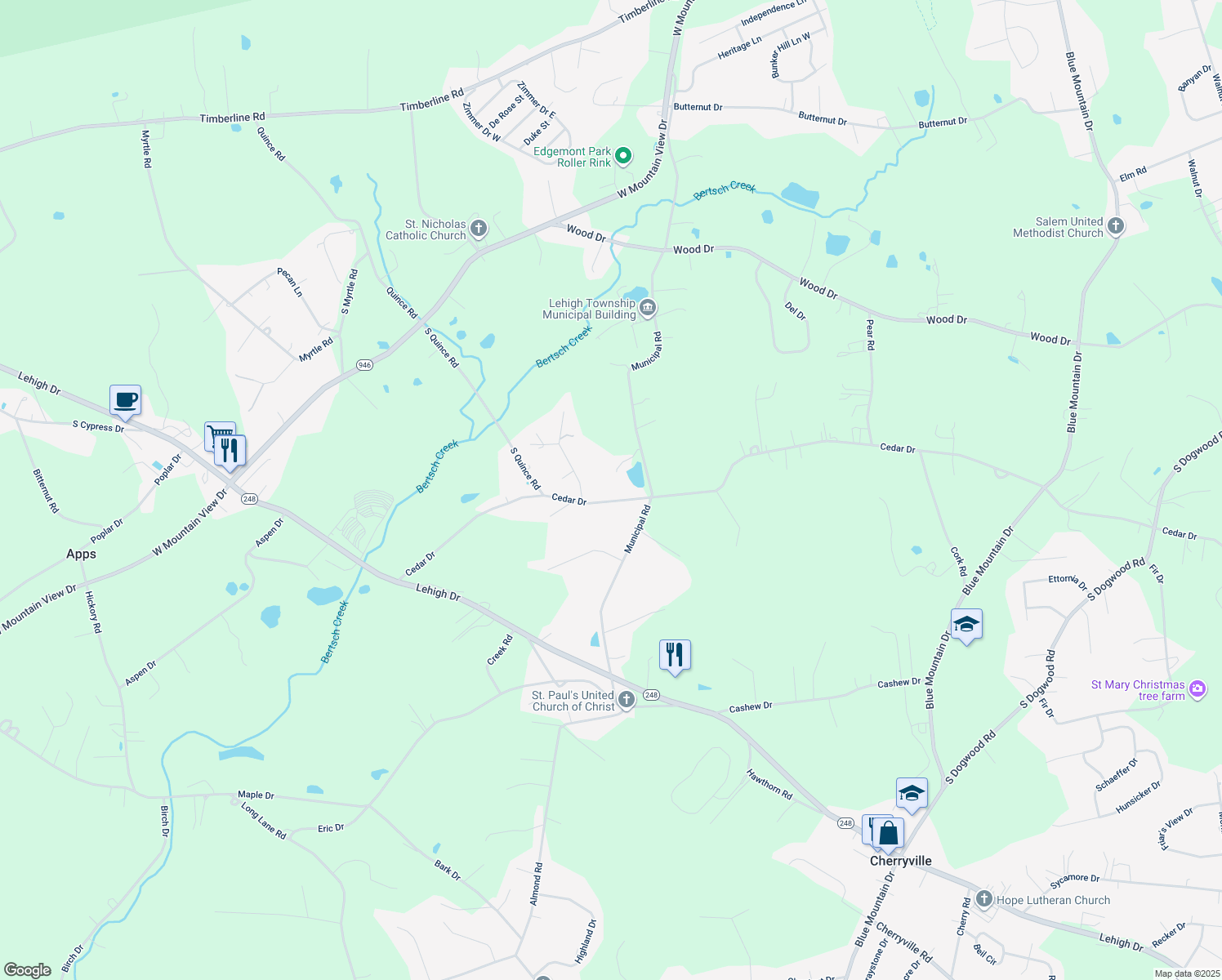map of restaurants, bars, coffee shops, grocery stores, and more near 4354 Cedar Dr in Walnutport