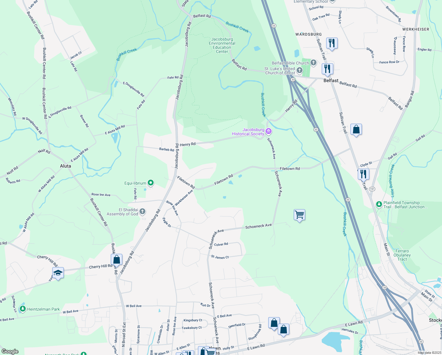 map of restaurants, bars, coffee shops, grocery stores, and more near 317 Filetown Road in Nazareth