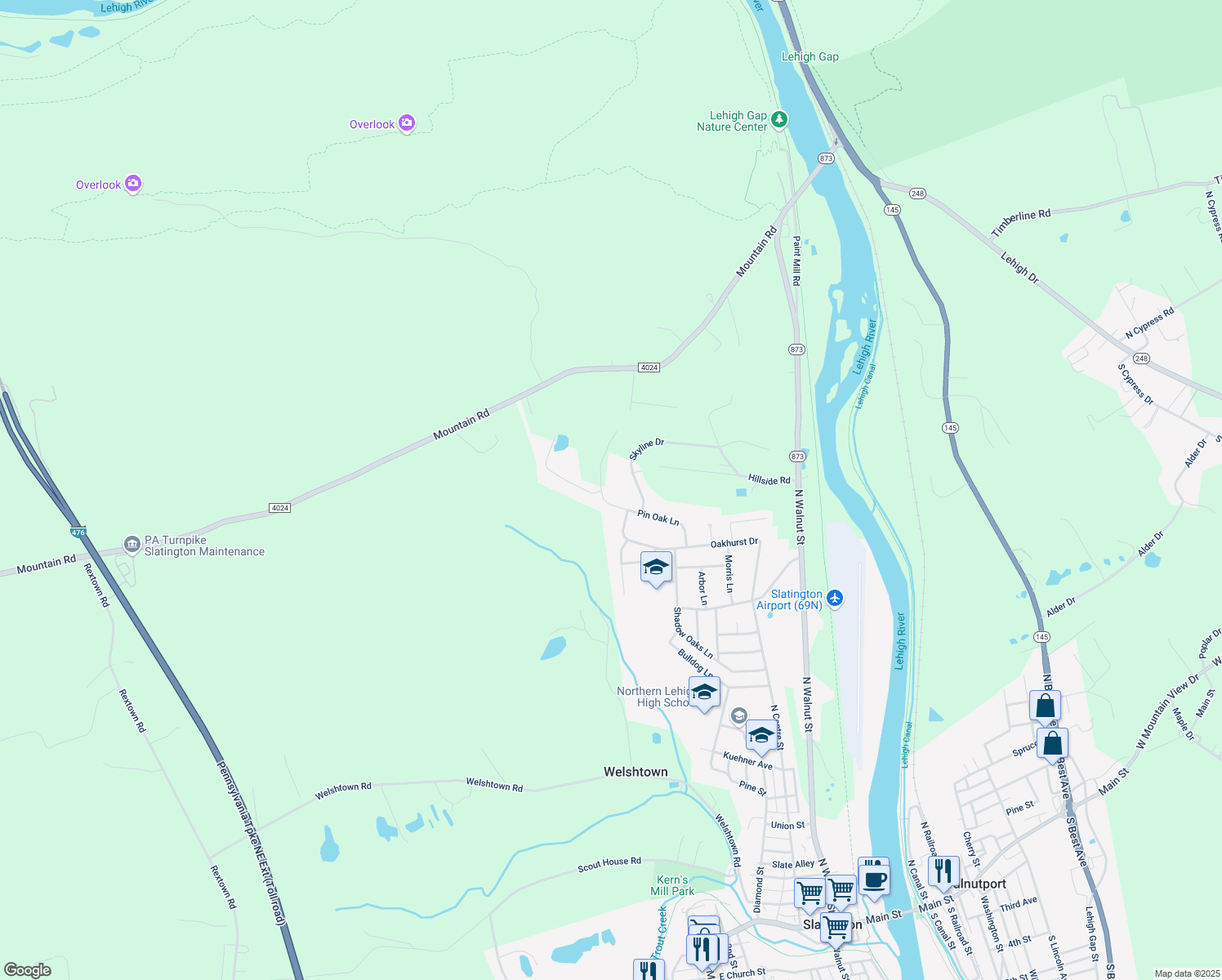 map of restaurants, bars, coffee shops, grocery stores, and more near 1342 Pin Oak Ln in Slatington