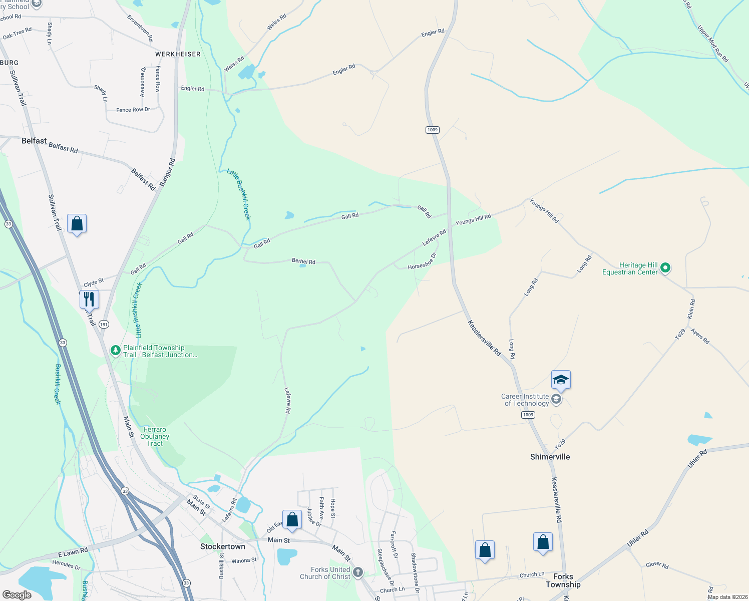 map of restaurants, bars, coffee shops, grocery stores, and more near 492 Lefevre Rd in Easton