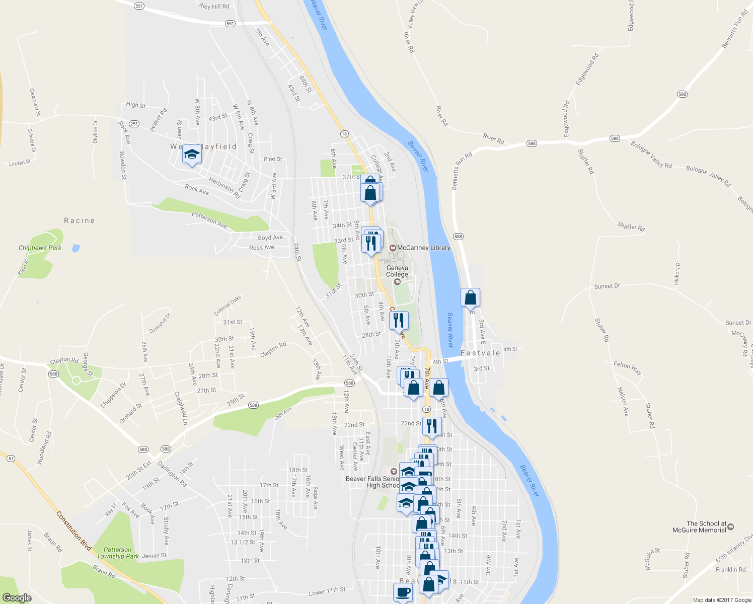 map of restaurants, bars, coffee shops, grocery stores, and more near 2911 4th Ave in Beaver Falls
