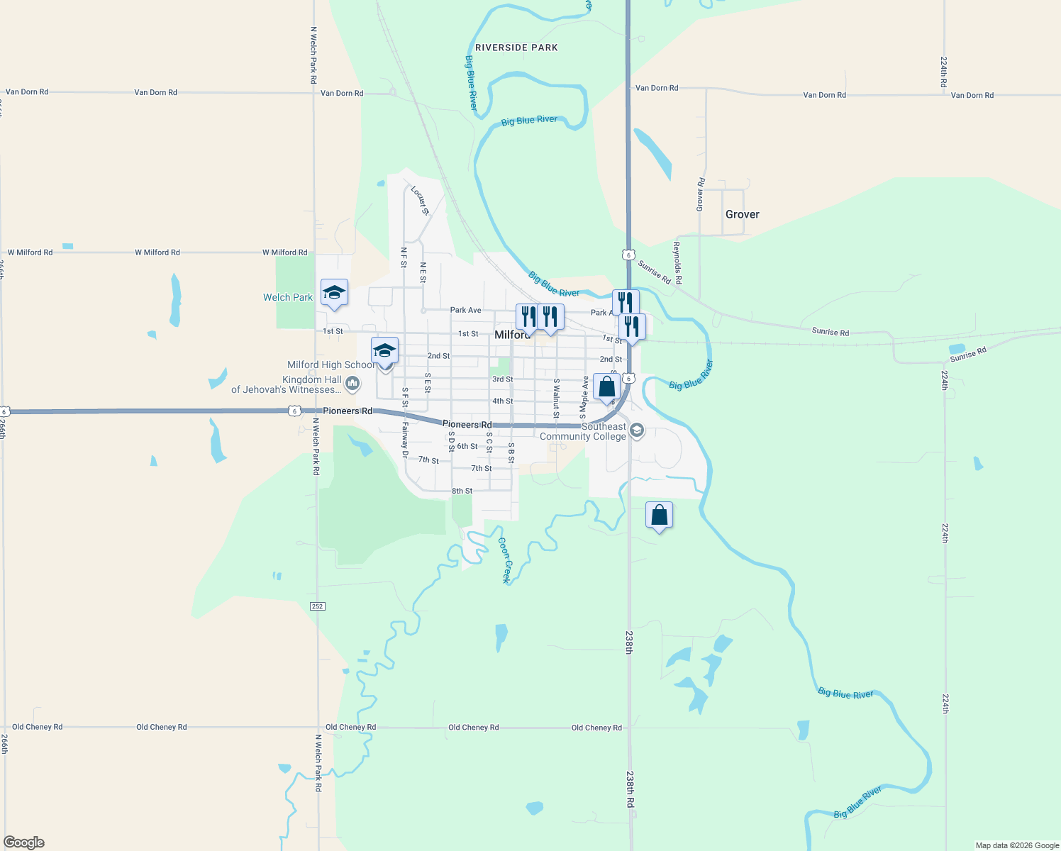 map of restaurants, bars, coffee shops, grocery stores, and more near 519 5th Street in Milford