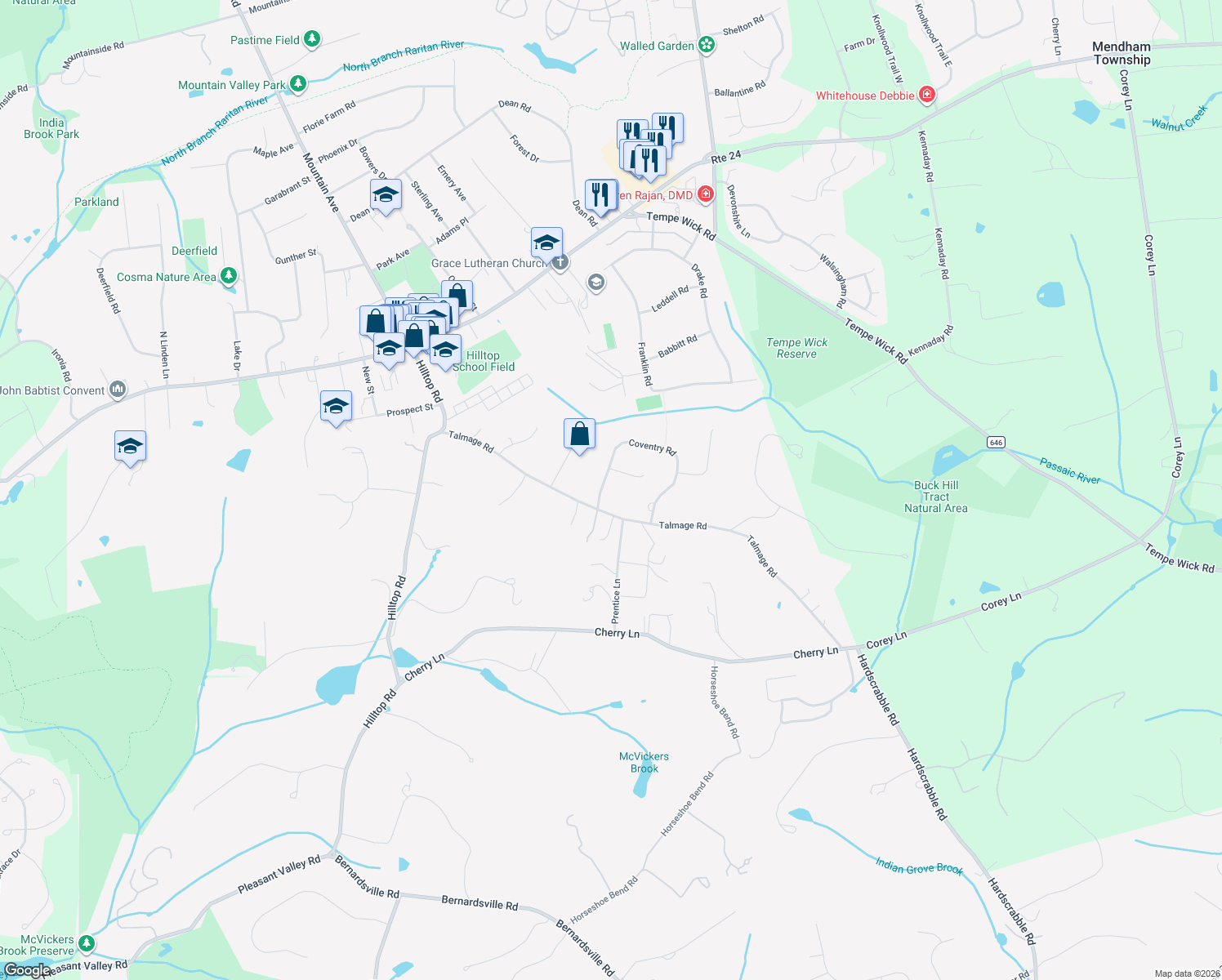map of restaurants, bars, coffee shops, grocery stores, and more near 30 Coventry Road in Mendham