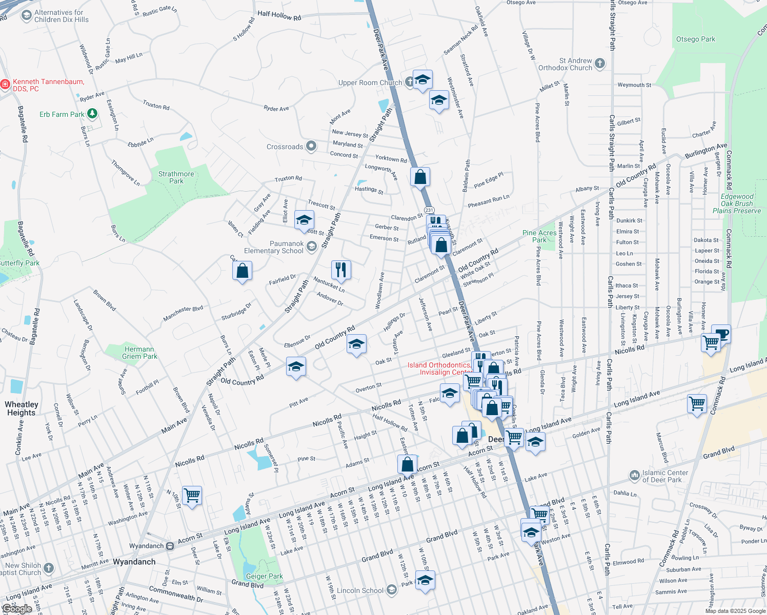 map of restaurants, bars, coffee shops, grocery stores, and more near 237 Old Country Road in Deer Park