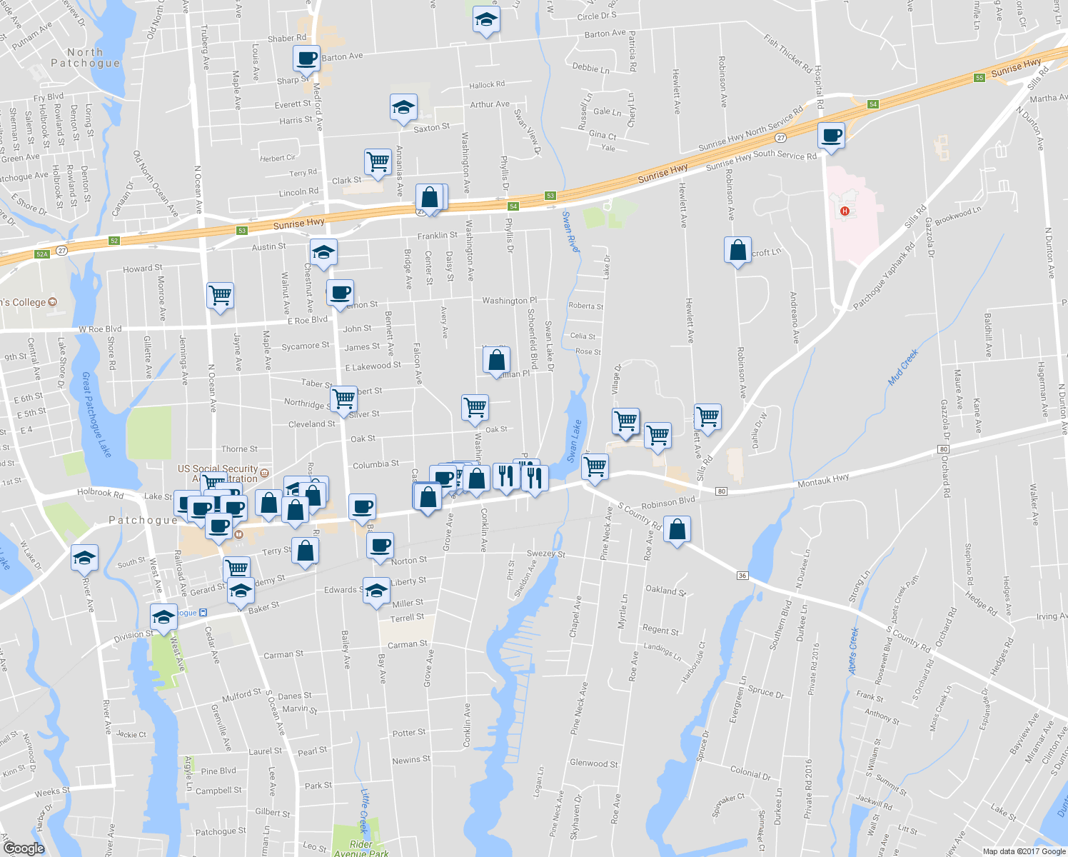 map of restaurants, bars, coffee shops, grocery stores, and more near 102 Schoenfeld Boulevard in Patchogue