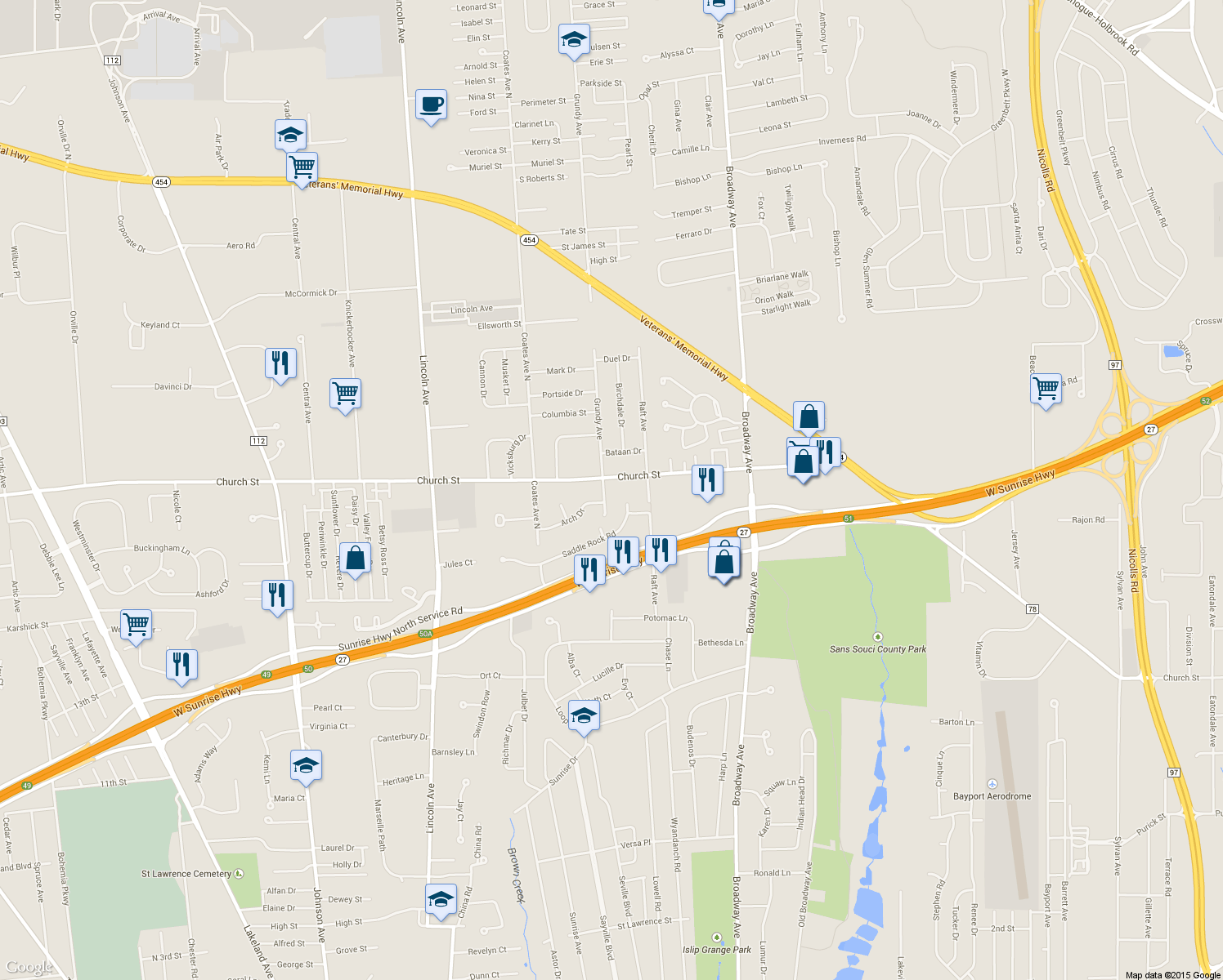 map of restaurants, bars, coffee shops, grocery stores, and more near 337 Grundy Avenue in Holbrook