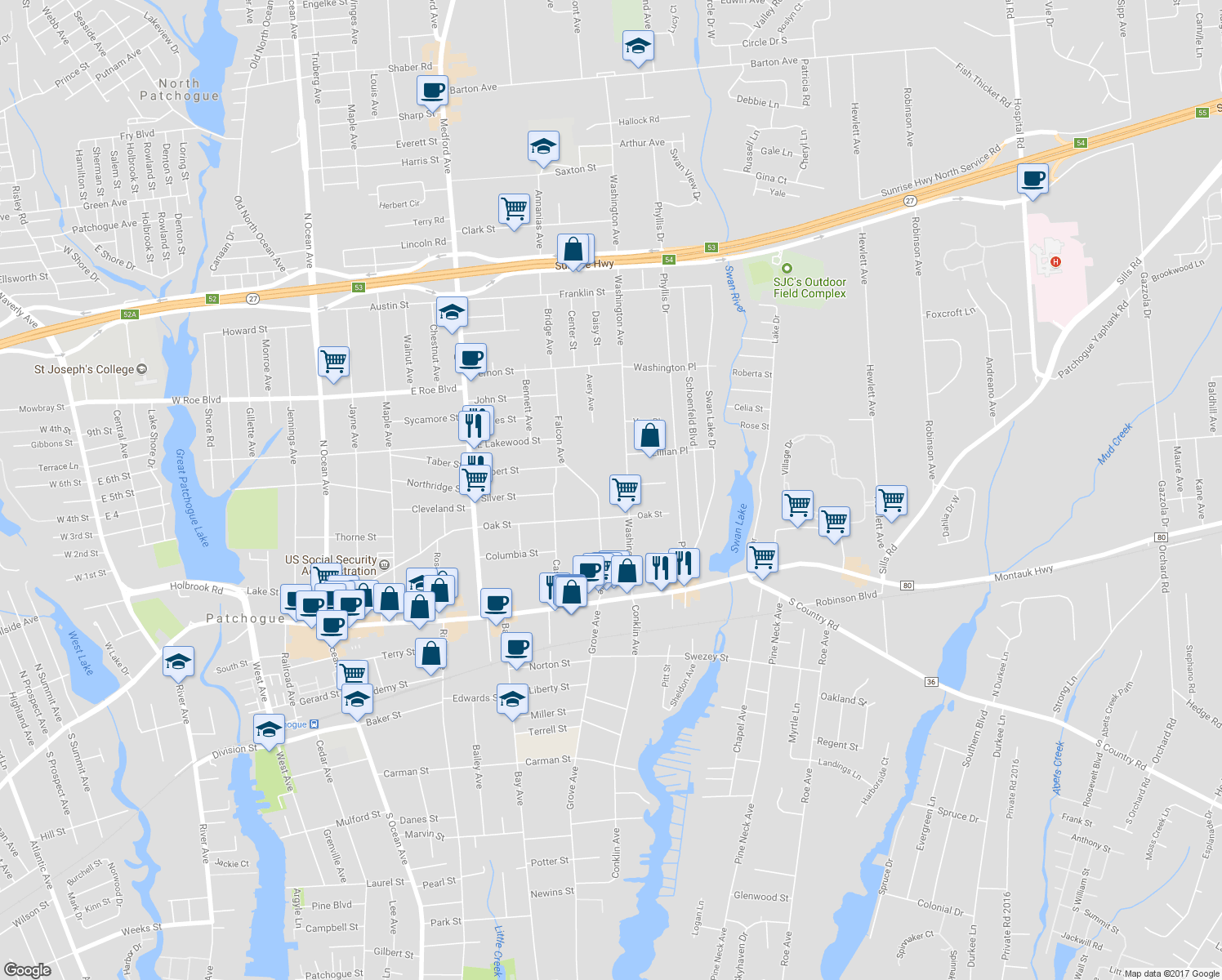 map of restaurants, bars, coffee shops, grocery stores, and more near 100 Washington Avenue in Patchogue