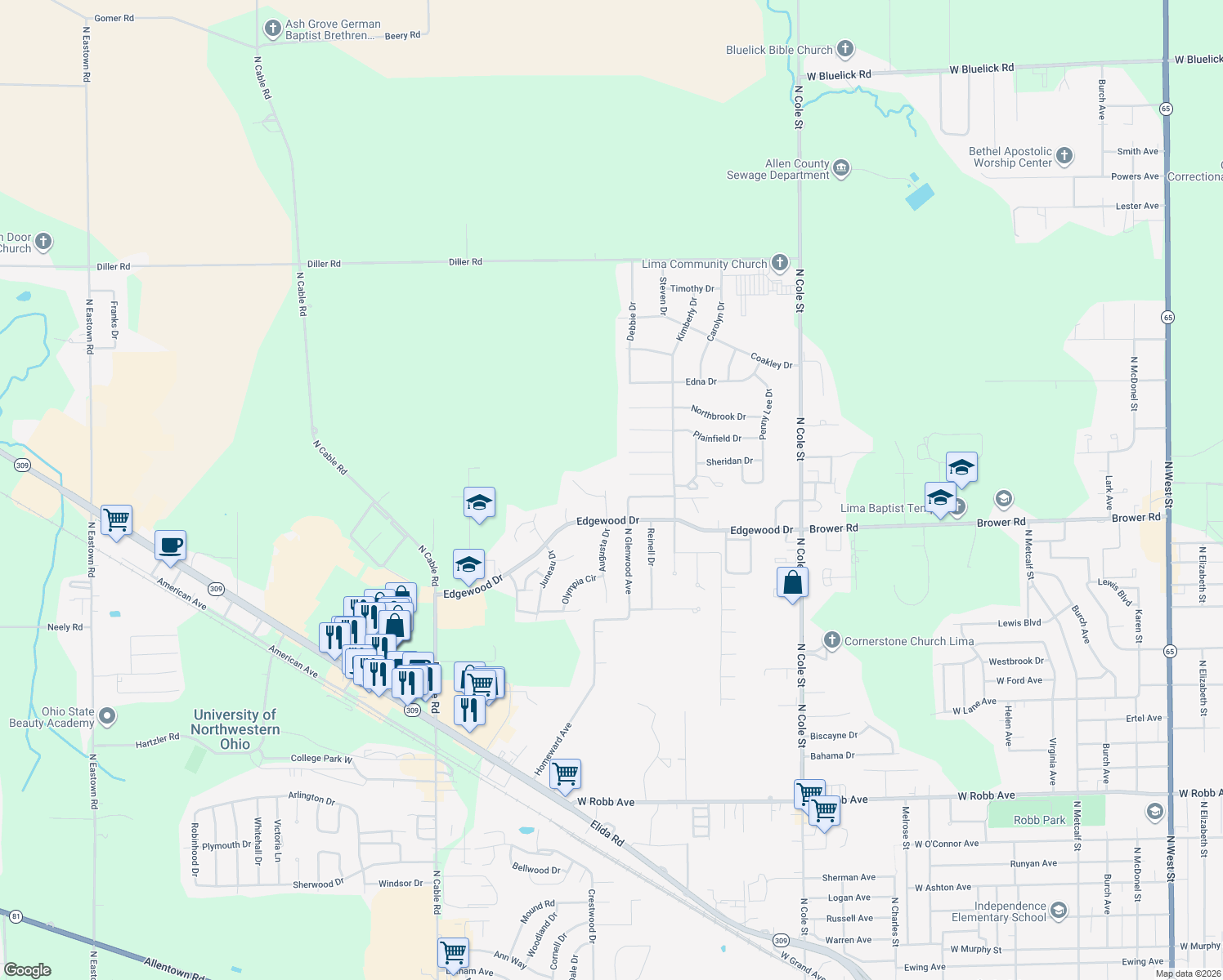 map of restaurants, bars, coffee shops, grocery stores, and more near 2344 Augusta Dr in Lima