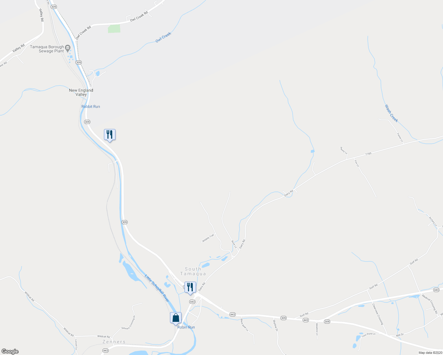 map of restaurants, bars, coffee shops, grocery stores, and more near 105 Buck Lane in Tamaqua