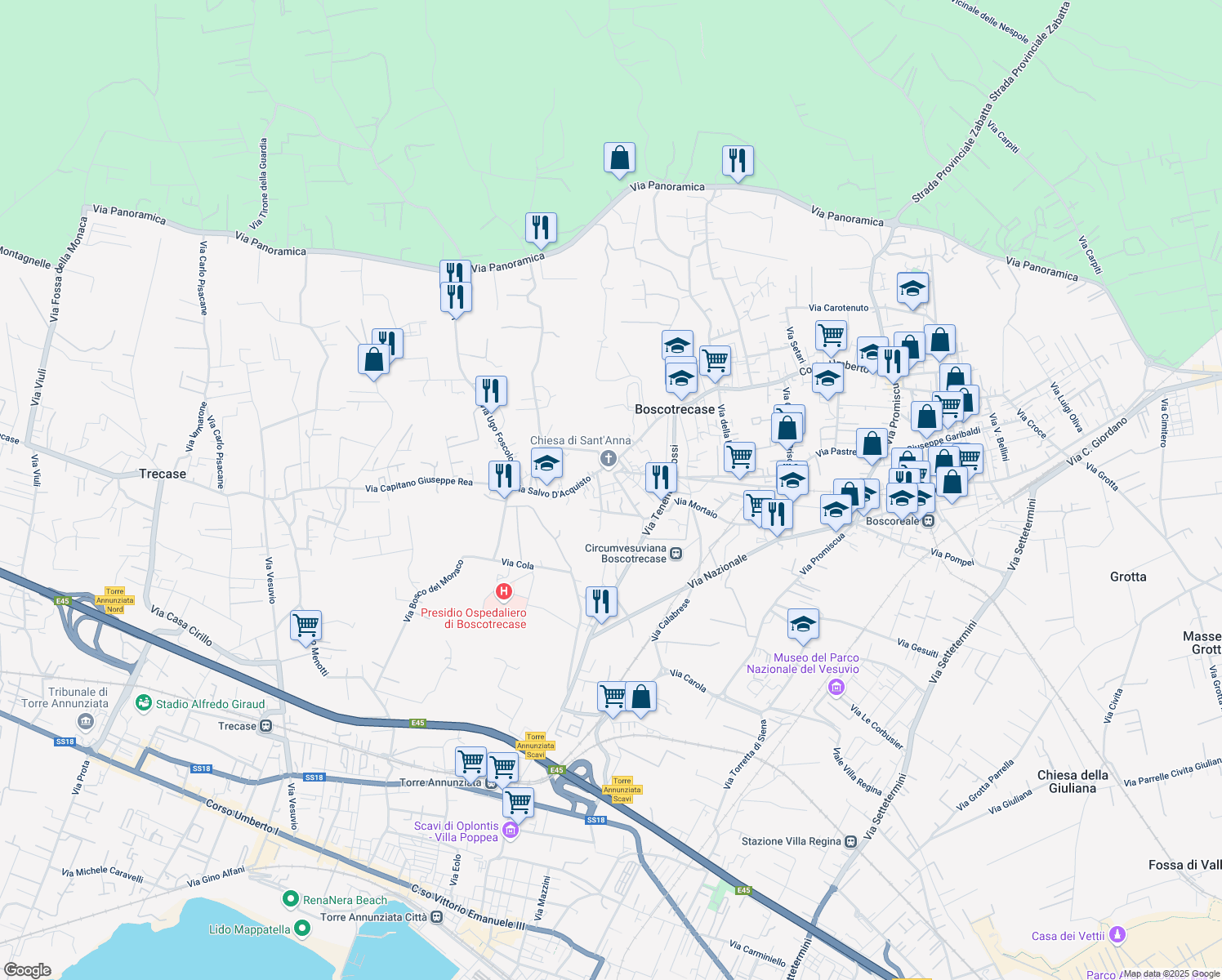 map of restaurants, bars, coffee shops, grocery stores, and more near 16 Via Desiderio in Boscotrecase