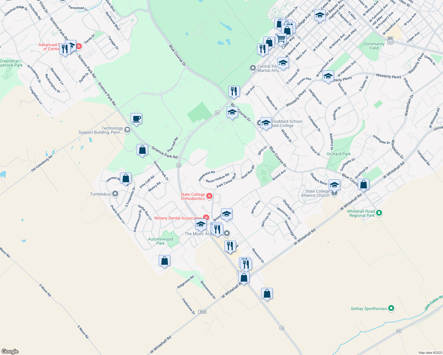 map of restaurants, bars, coffee shops, grocery stores, and more near Raven Hollow Rd in Centre