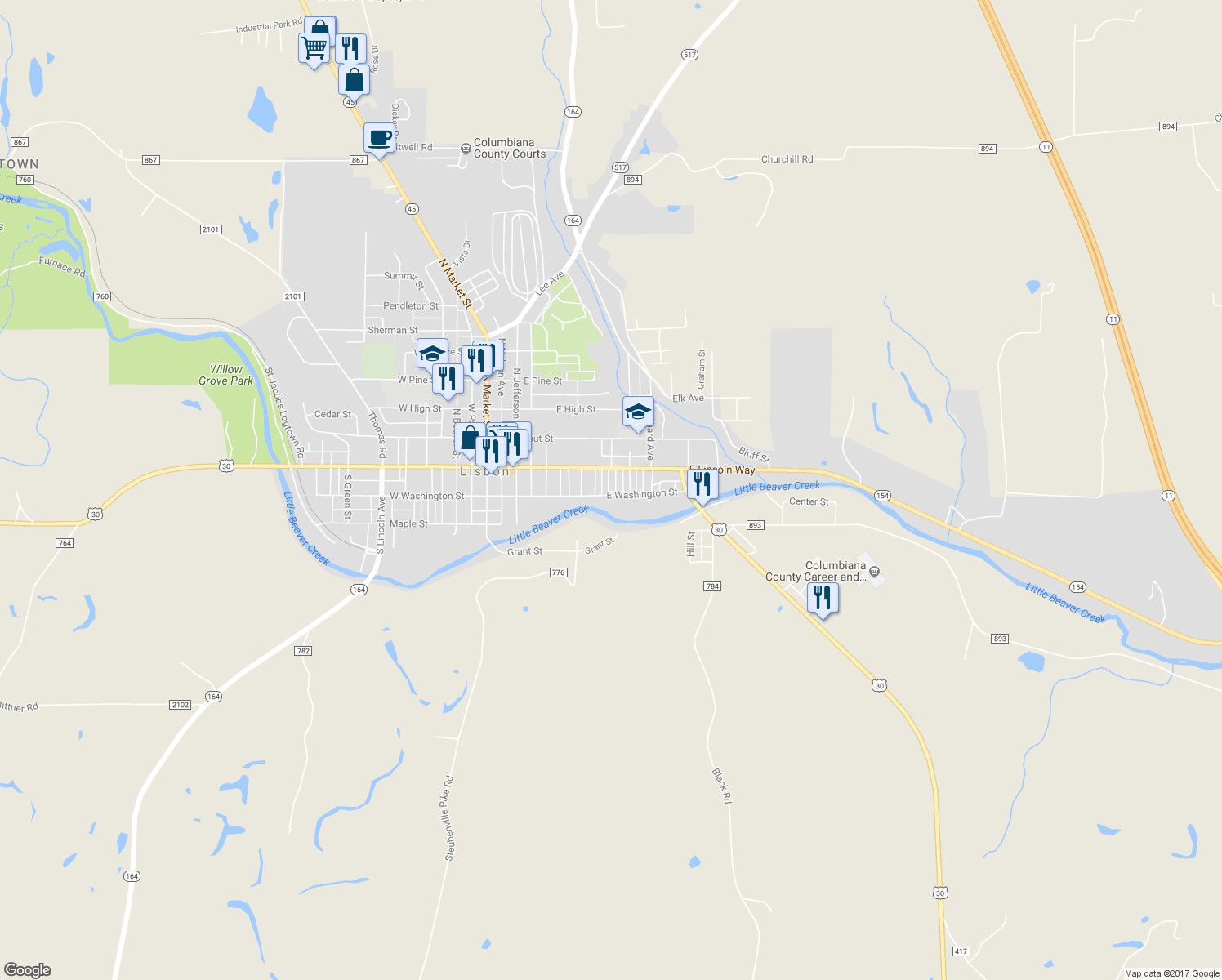 map of restaurants, bars, coffee shops, grocery stores, and more near 441 East Washington Street in Lisbon