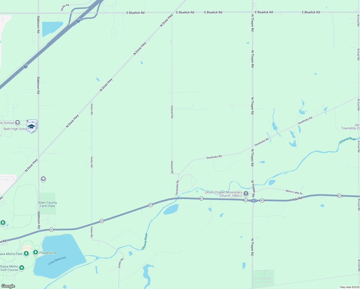 map of restaurants, bars, coffee shops, grocery stores, and more near 2300 Hadsell Road in Lima