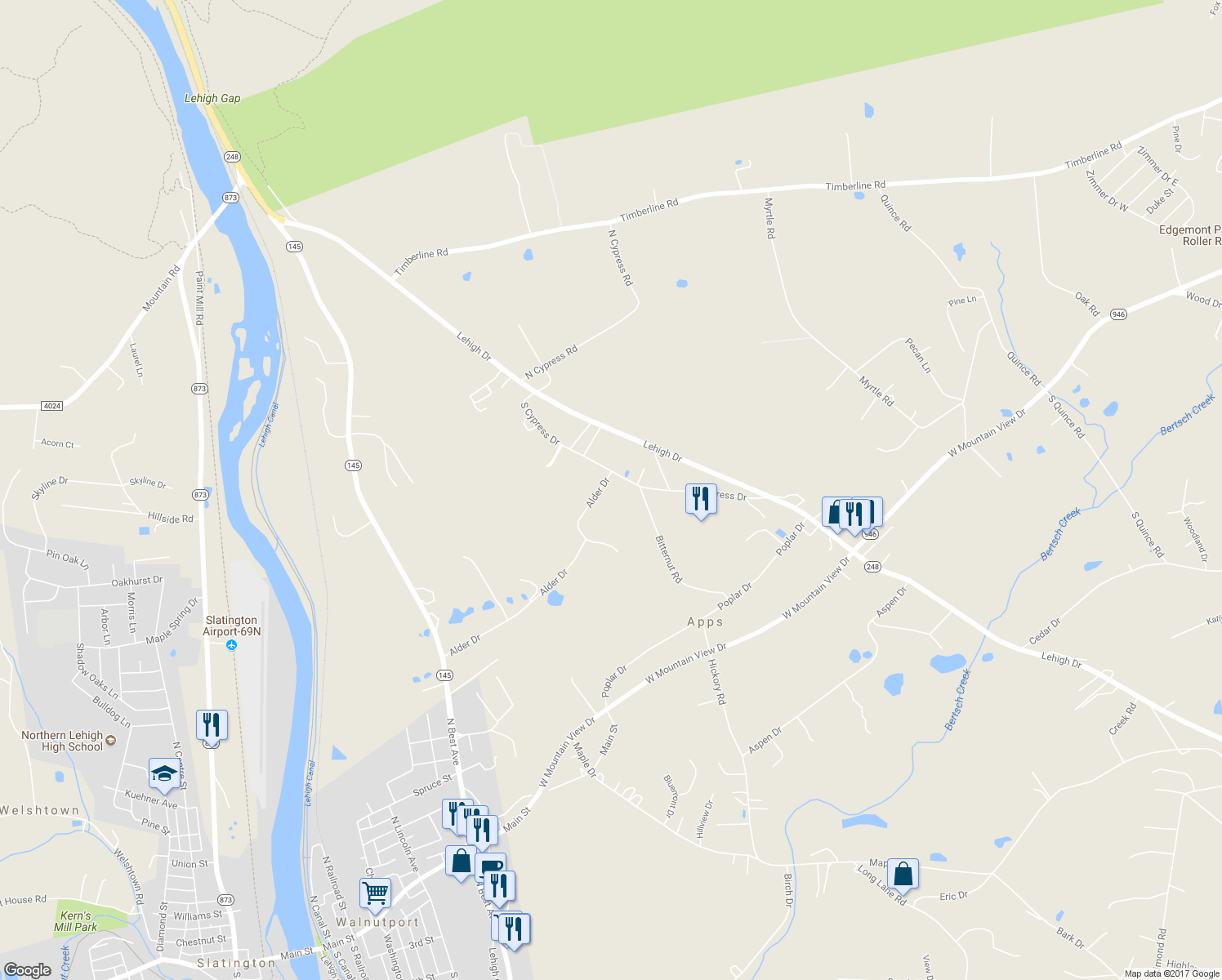 map of restaurants, bars, coffee shops, grocery stores, and more near 4795 Alder Drive in Walnutport