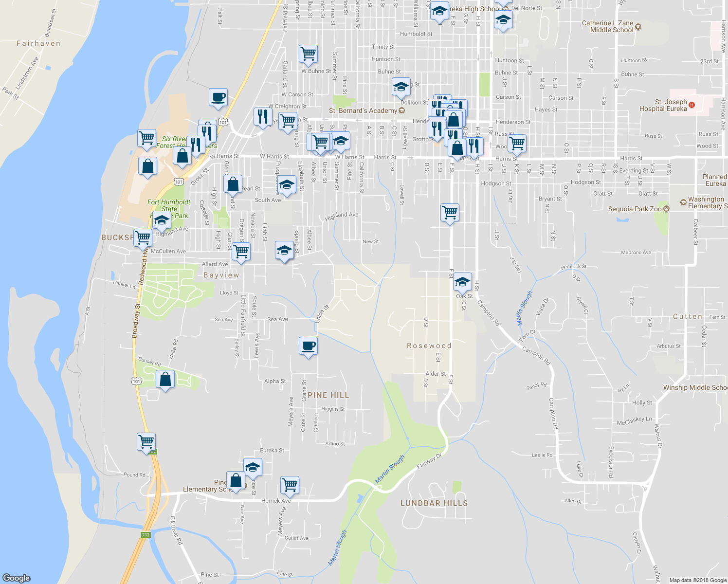 map of restaurants, bars, coffee shops, grocery stores, and more near 337 Bacchetti Court in Eureka