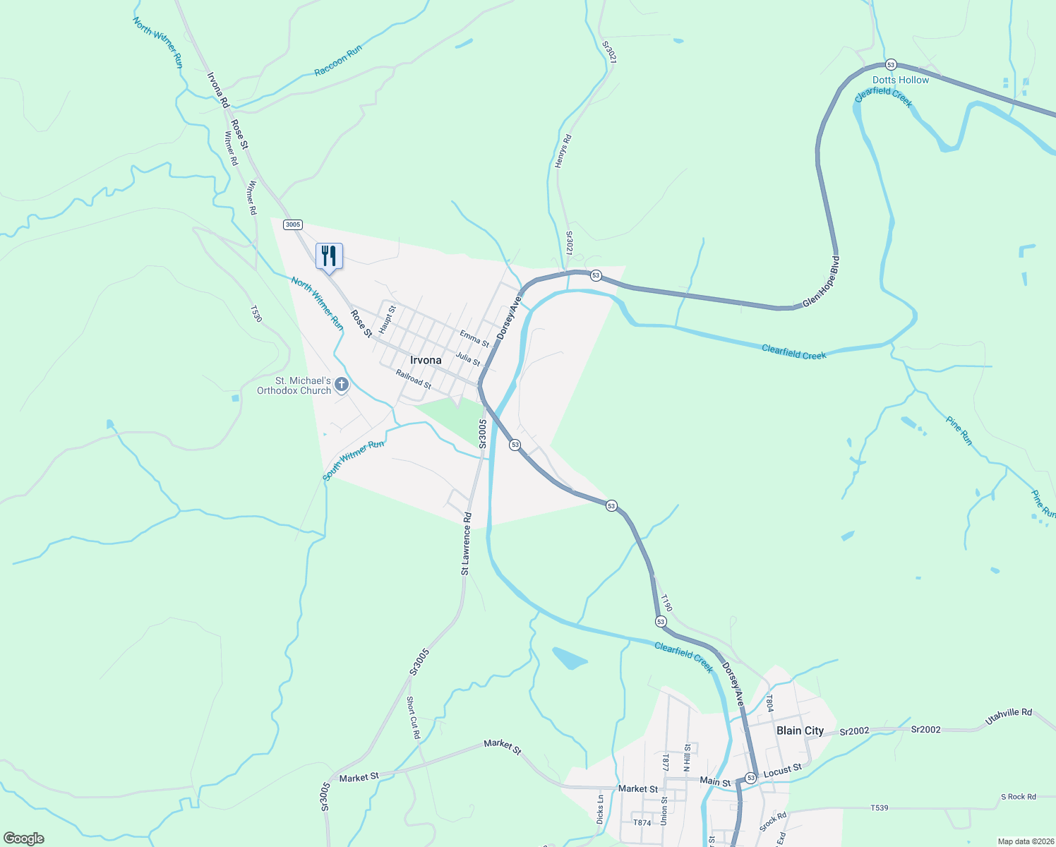 map of restaurants, bars, coffee shops, grocery stores, and more near 276 Cressview Street in Irvona