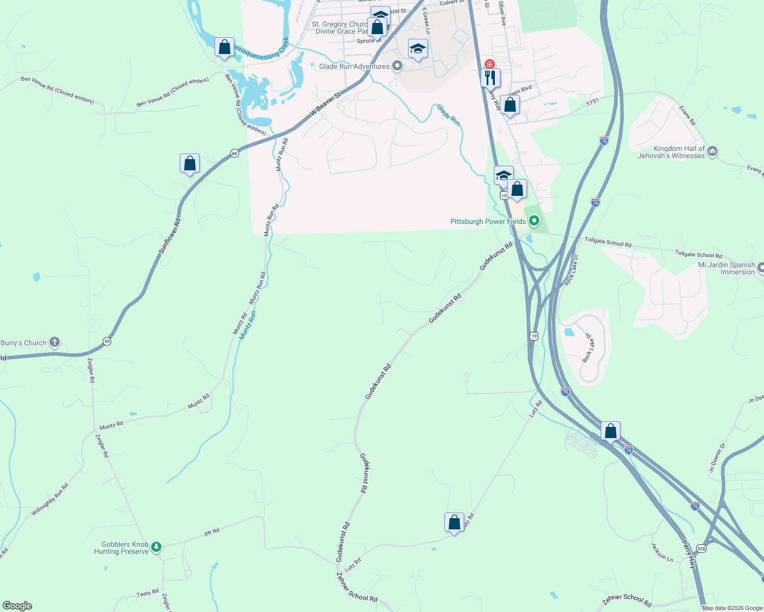 map of restaurants, bars, coffee shops, grocery stores, and more near 163 Gudekunst Road in Zelienople