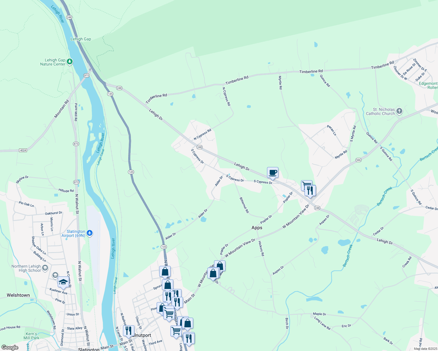 map of restaurants, bars, coffee shops, grocery stores, and more near 4797 South Cypress Drive in Walnutport