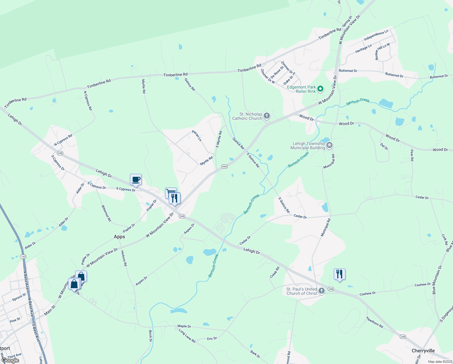 map of restaurants, bars, coffee shops, grocery stores, and more near 4531 W Mountain View Dr in Walnutport