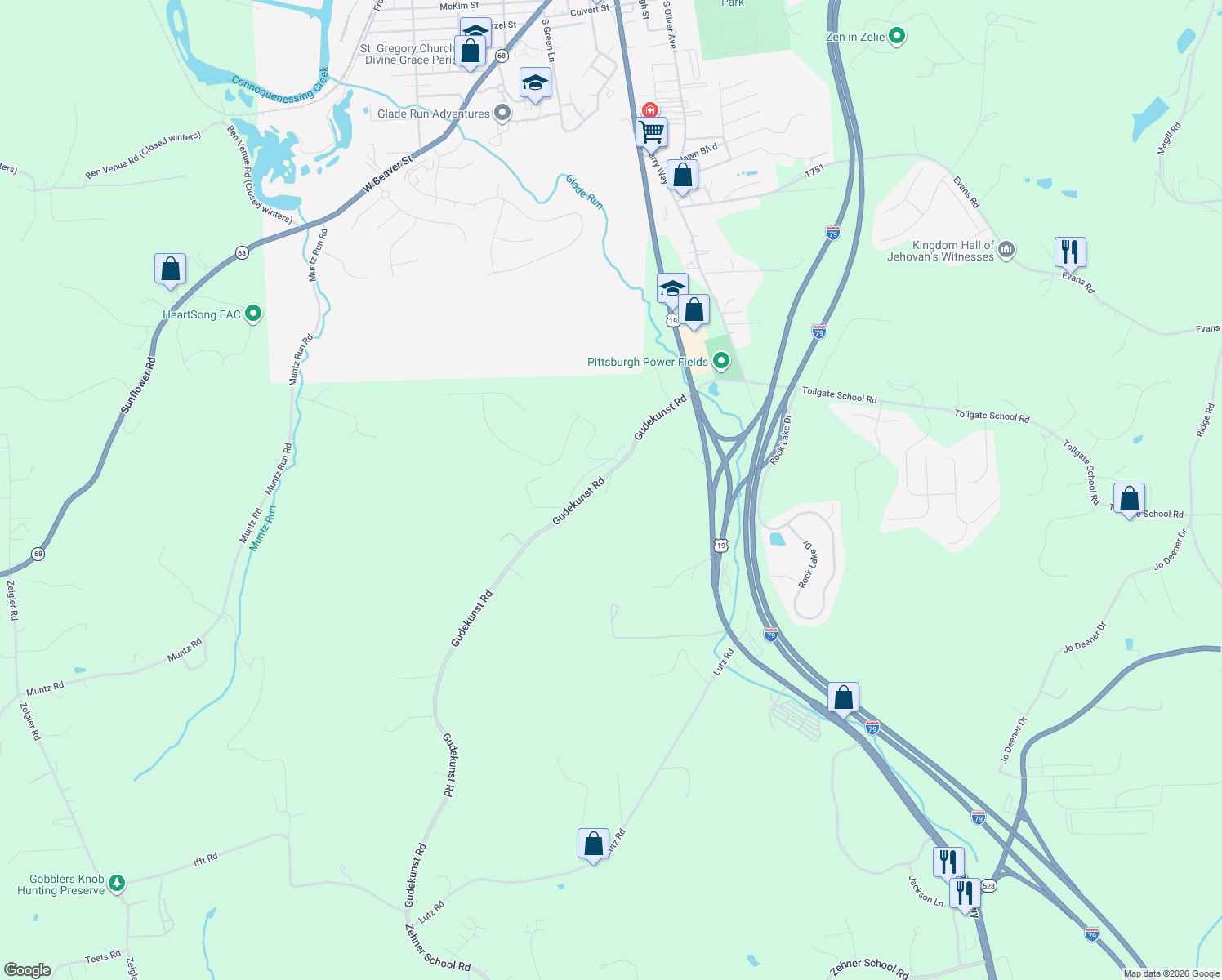 map of restaurants, bars, coffee shops, grocery stores, and more near 150 Gudekunst Road in Zelienople
