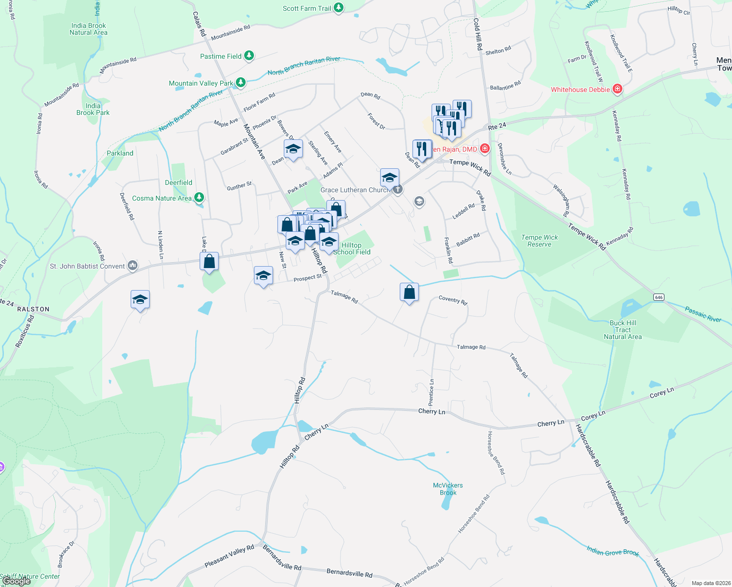 map of restaurants, bars, coffee shops, grocery stores, and more near 4 Windymere Lane in Mendham