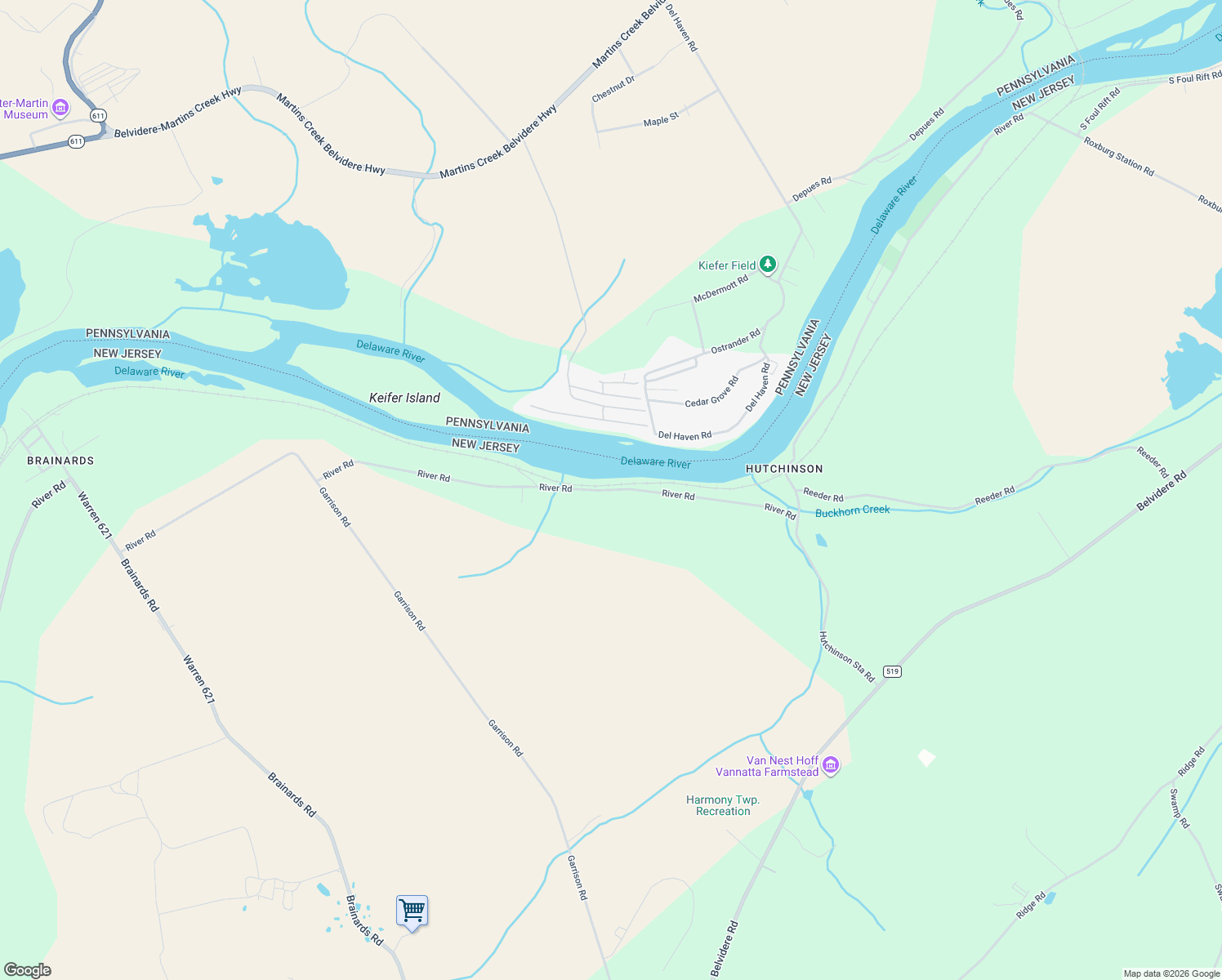 map of restaurants, bars, coffee shops, grocery stores, and more near 2803 River Road in Phillipsburg