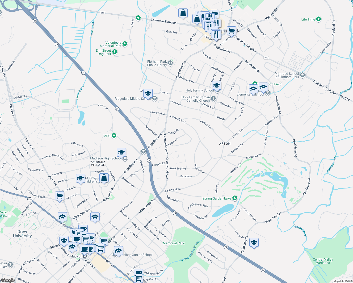 map of restaurants, bars, coffee shops, grocery stores, and more near 6 Vultee Drive in Florham Park