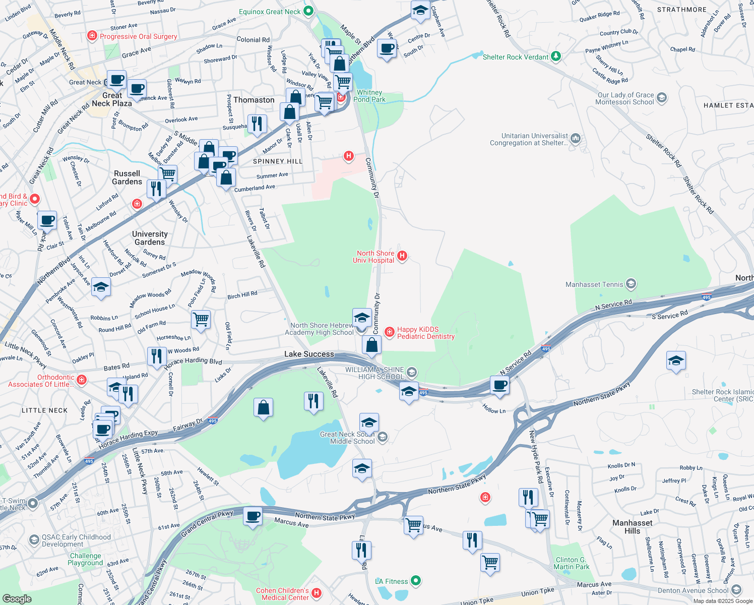 map of restaurants, bars, coffee shops, grocery stores, and more near 356 Community Drive in Great Neck